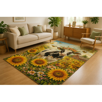 "Ultra Thin" 5' x 7'Sunflower Cow Farm Area Rug for Living Room, Soft Low Pile Indoor Rug with Non-Slip Silicone Backing, Farmhouse Carpet for Bedroom, Office, Family Room, Kids & Pets, Yellow Green