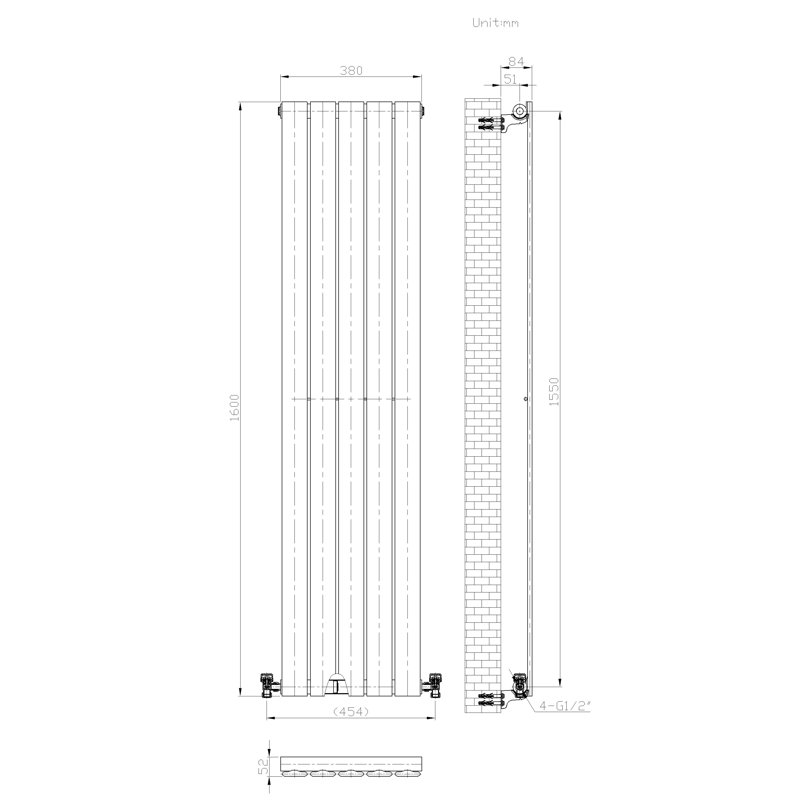 iBathUK Belgravia Vertical Single Slim Flat Panel Radiator Angled Valve, 1600cm H x 380cm W x 52cm D, Grey