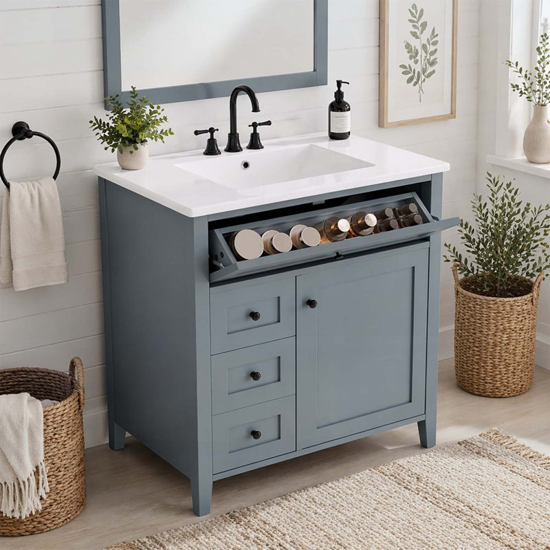 Meuble-lavabo de salle de bain avec lavabo, 3 tiroirs, tablette réglable, autoportant pour le rangement et l'organisation