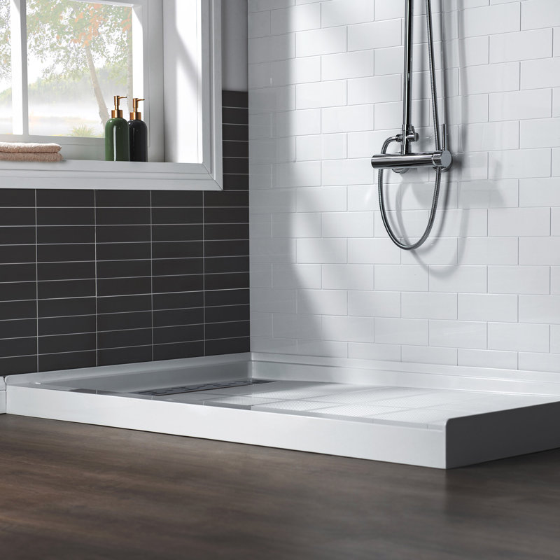 60" W x 30" D  Solid Surface Single Threshold Shower Pan Base with Drain Assembly & Drain Cover Included, Non-Slip, Left