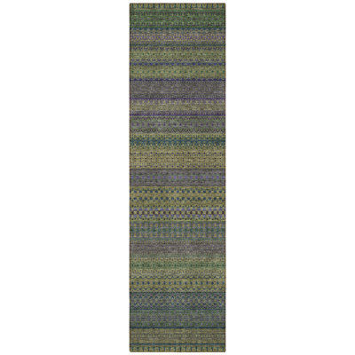 8' Runner Olive Green Striped Washable Non Skid Indoor Outdoor Runner Rug
