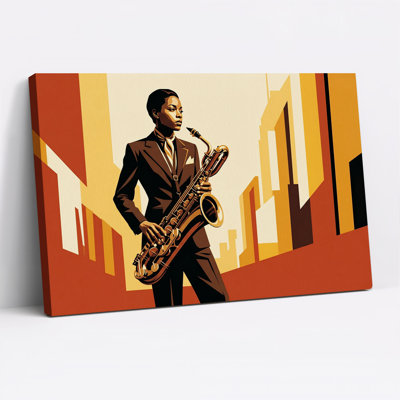Tableau mural sur toile représentant un saxophoniste en costume brun et un paysage urbain orange
