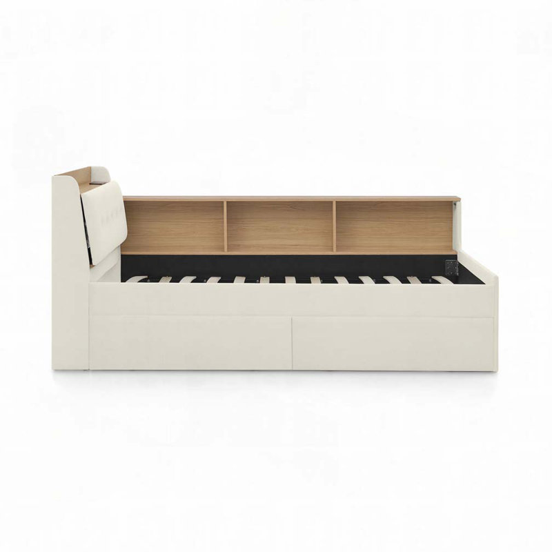 Velvet Upholstered Storage Daybed Frame with Wireless Charging,Storage Drawers & LED Lights, Beige