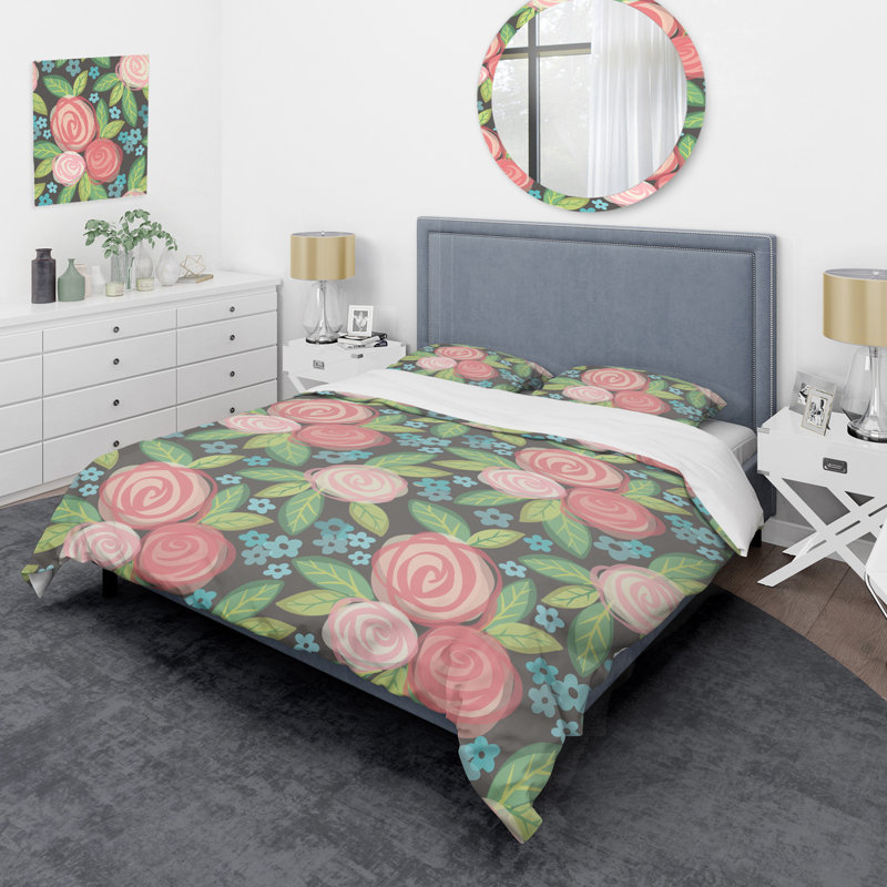 Fleurs roses et feuille verte - ensemble de housse de couette floral - microfibre de polyester
