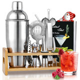 Cocktail Shaker Set Bartender Kit, 15Pcs Bartender Shaker Set, 304 Stainless Steel Martini Shaker And Strainer, 550Ml /19OZ Bar Tool Set With Bamboo Stand, Recipe Book, For Home And Bar