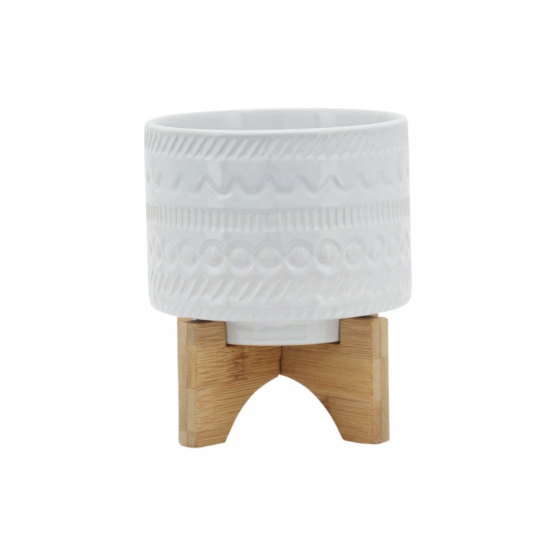Natacha Stoneware Planter with Bamboo Stand - Ceramic Plant Pot with Raised Decorative Design, Modern Elevated Display, White