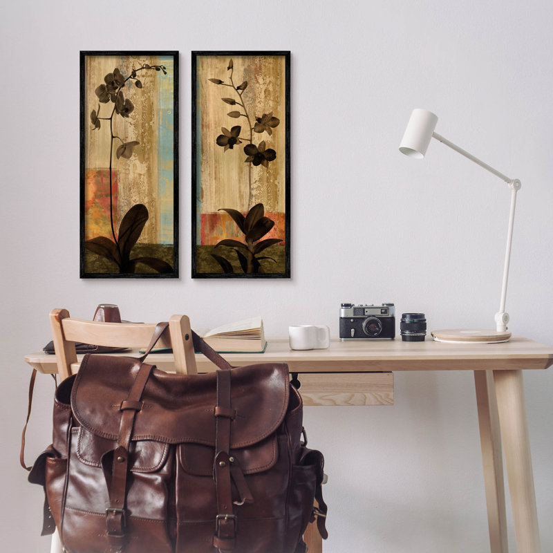 «Modern Boho Orchid Blooming», ensemble de 2 impressions sur toile encadrées par Chris Donovan, Giclée encadrée noir minuit
