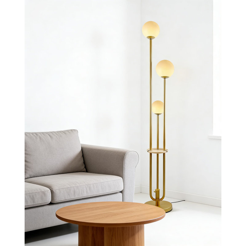 Lampe sur pied moderne à DEL avec tablette intégrée - lampe sur pied à intensité variable avec 3 abat-jours sphériques givrés pour le salon, la chambre à coucher ou le bureau