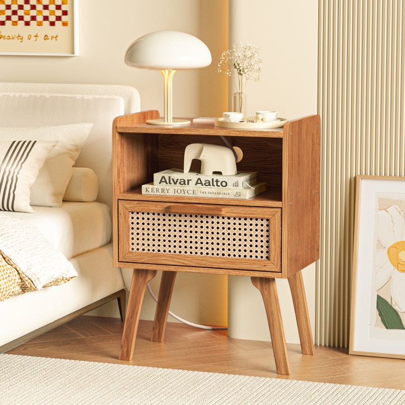 Rattan Nightstand With Charging Station, Boho Night Stand With Handmade Natural Rattan Drawer And Open Shelf, Cane Accent Side End Tables With Solid Wood Legs For Bedroom, Dorm, Small Spaces