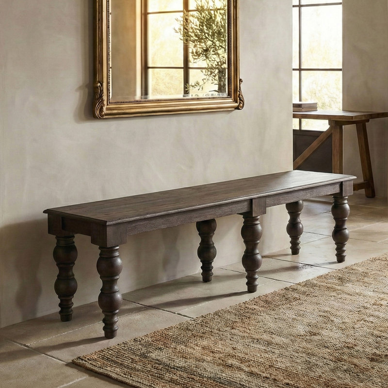 Braydan 70"W Solid Wood Hand-Turned Leg Bench- Coffee Brown, Coffee Brown