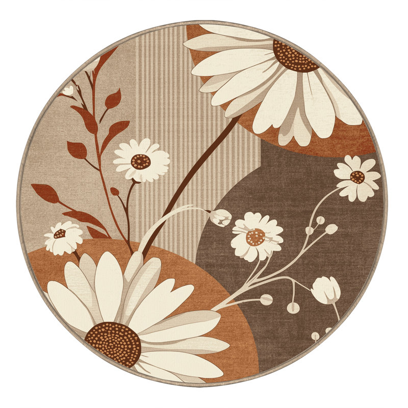 Machine Washable Parrilla Chamomile Scandinavian Clear Rug in Brown – Beige Binding, 4' Round