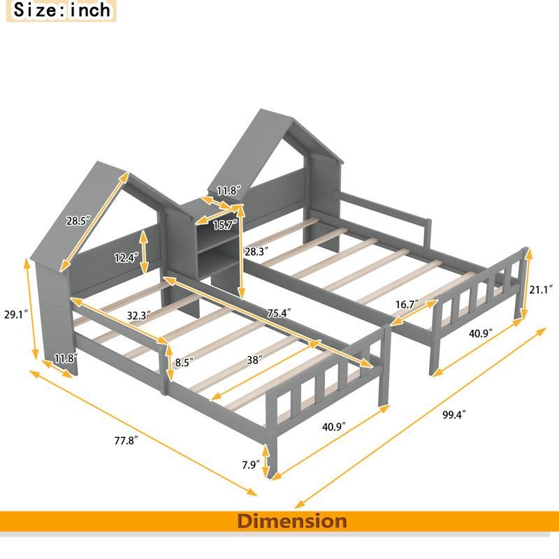 Lit plateforme avec tête de lit en forme de maison et table de chevet intégrée, Gris
