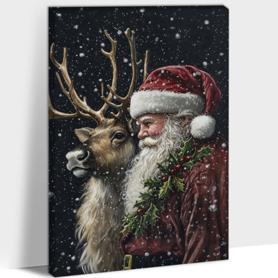 Lilabeth - Santa and Reindeer Pictures Wall Decor, Vintage Christmas Art, Holiday Wall Art for Living Room, Framed Wrapped Canvas Prints, Christmas Artwork, 12×16 inches