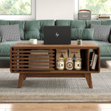 Denicka Mid-Century Modern Coffee Table with Storage,Lift Top Coffee Table with Slatted Sliding Door for Living Room,Walnut