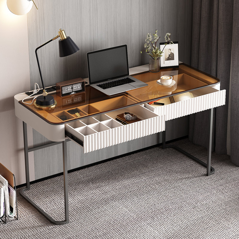 Bureau à domicile de haute qualité, prise de courant, plateau en verre, très facile à assembler, Blanc ivoire / gris