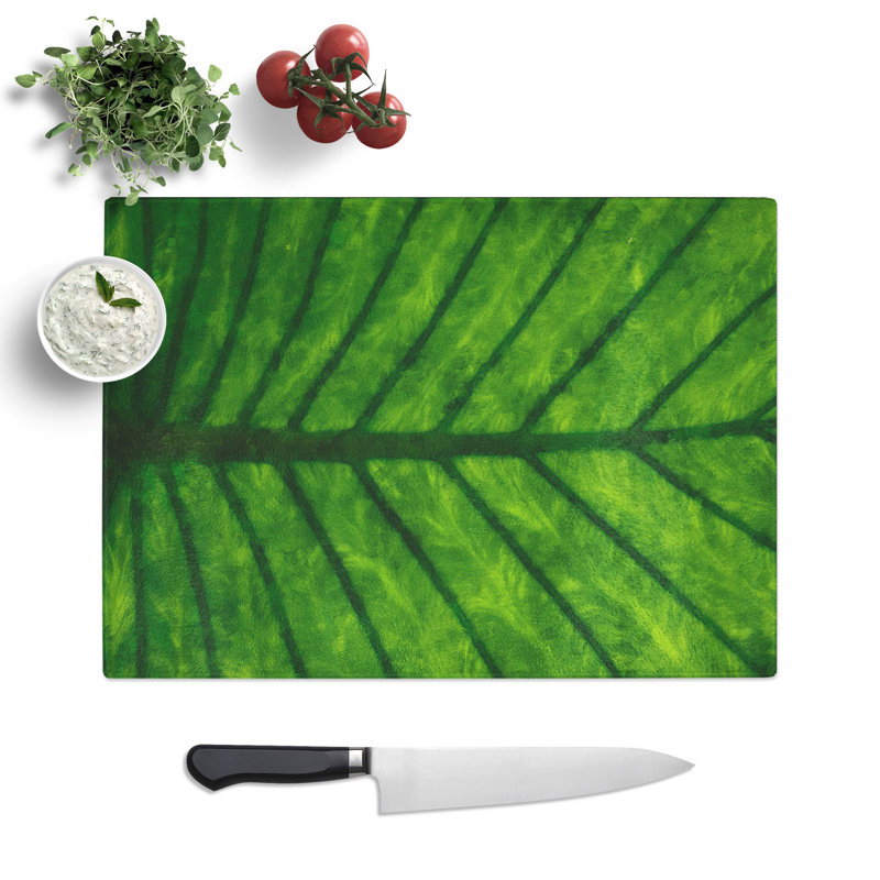 Tempered Glass Green Leaf Lines Chopping Board, 28.5 cm x 39 cm