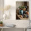 Tableau sur toile représentant un panier d'herbes aromatiques et de fruits frais sur une table en bois-879156521