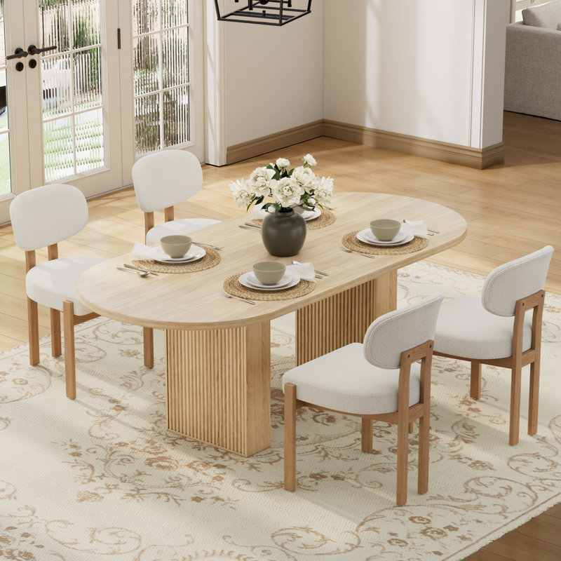 Ensemble de table de cuisine ovale à double piédestal, Naturel, 5 pièces: table, 4 chaises, Beige