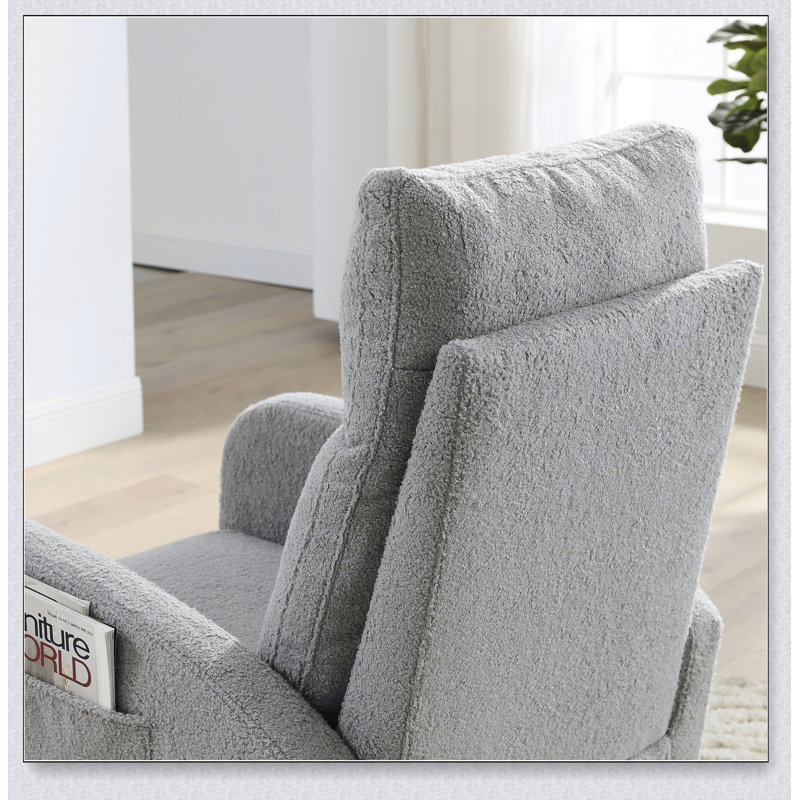 Fauteuil à bascule moderne avec accoudoirs de salon à dossier haut l 27,6 po et deux poches latérales, Gris