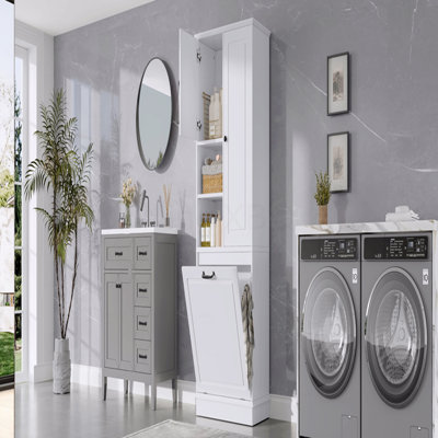 Tall Storage Cabinet With Adjustable Shelves, Large Flip-Out Basket And Enclosed Cabinets