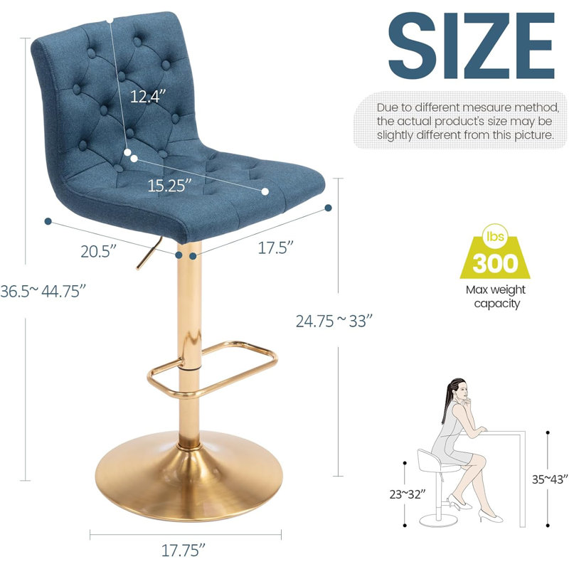 Tufted Fabric Bar Stool, Adjustable Swivel Counter Height Barstool with Back, Upholstered Armless Airlift Bar Chair for Kitchen Dining Cafe, 1 pc