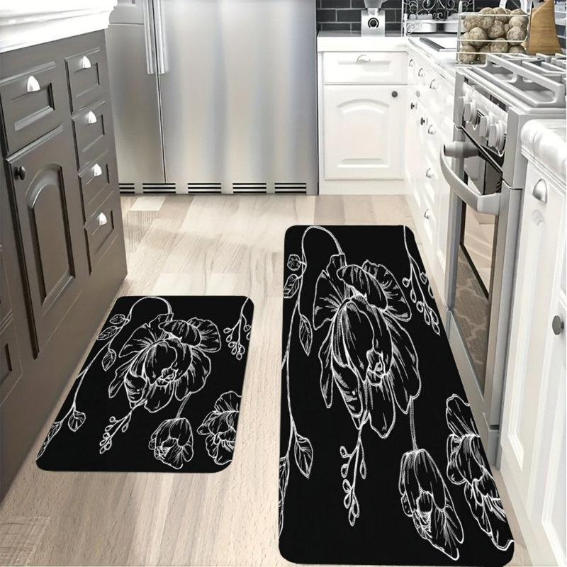 Tapis de cuisine noir et blanc à motif floral, 2 pièces, pour la cuisine et le salon