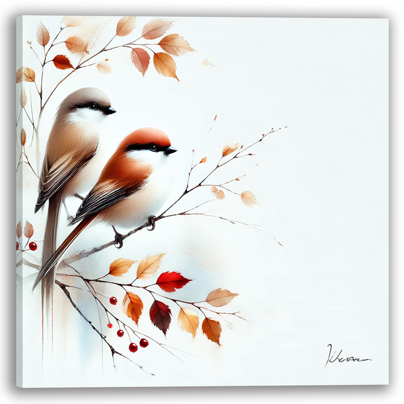 "Deux oiseaux avec feuilles d'automne", art mural sur toile, H 12 po x l 12 po x P 1 po
