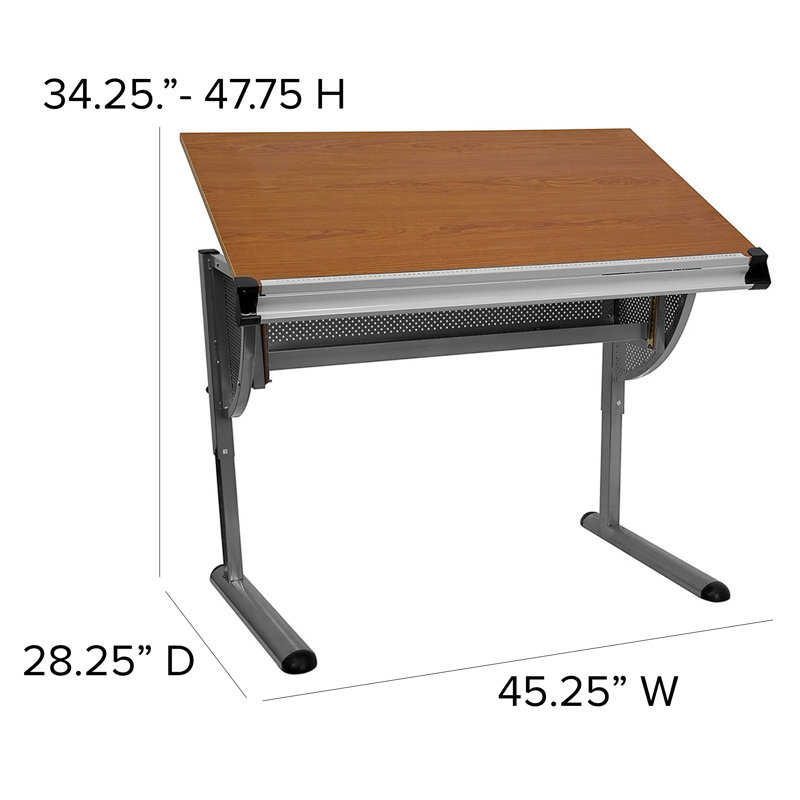 Adjustable Drawing and Drafting Table with Pewter Frame and Lower Supply Tray, Pewter