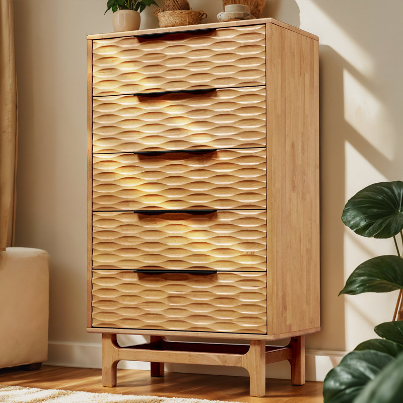 Commode haute en bois massif à 5 tiroirs ACACIA Elara, Chêne