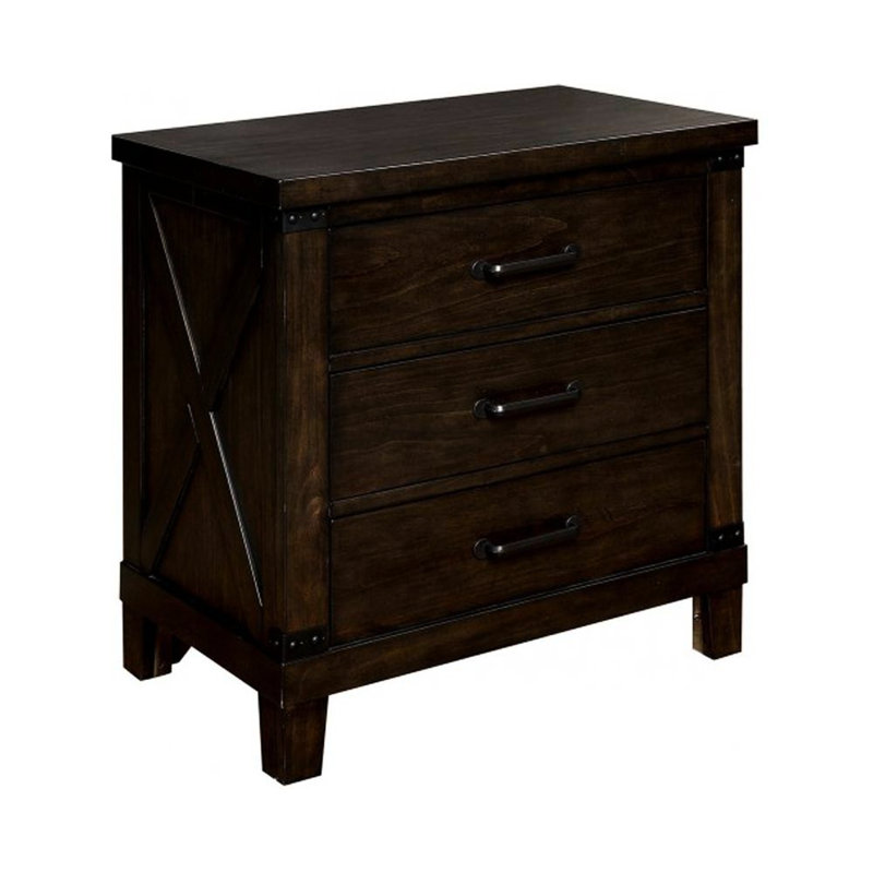 Table de chevet en bois massif rustique noyer foncé avec 3 poignées noires
