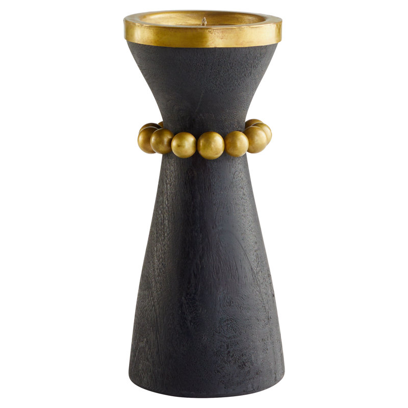 Parvati Wood Tabletop Candlestick, Rubbed Black/Antique Brass, 12" H x 5.5" W x 5.5" D