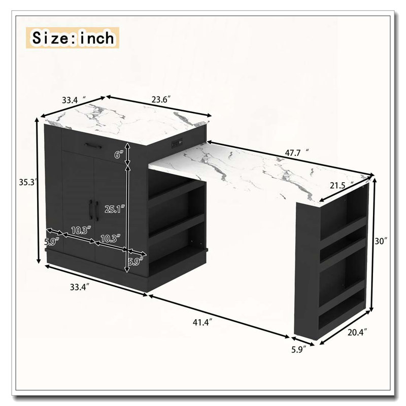 Extendable island console with drawers, double-door cabinet, and open shelving, Black/White