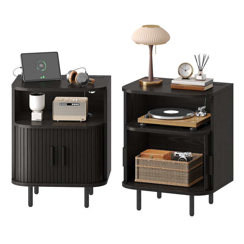 2-Pack End Table With Charging Station And LED Light(Set Of 2), Black