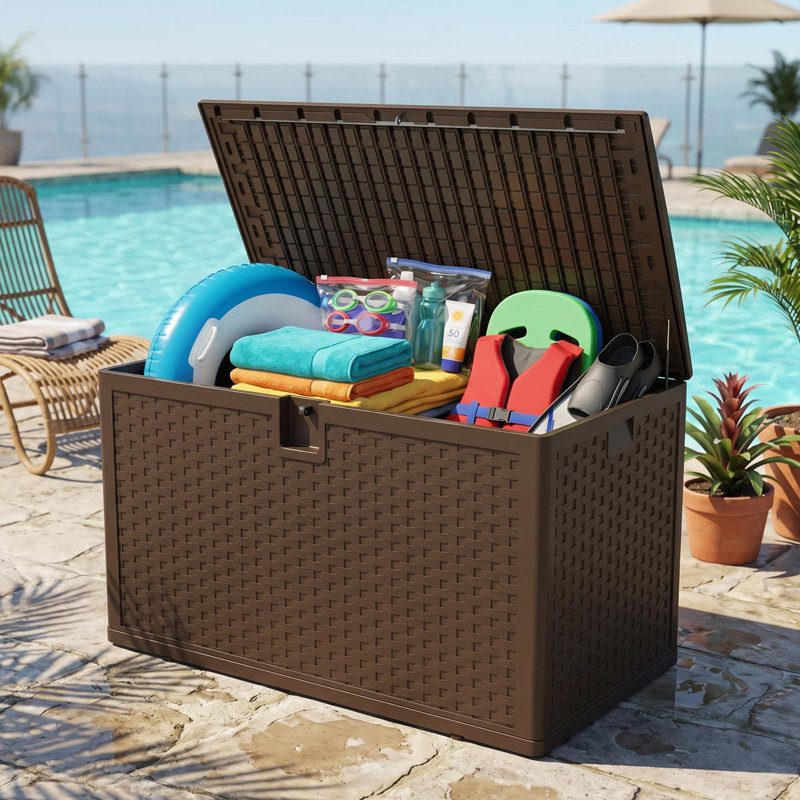 Boîte de rangement extérieure imperméable en résine, boîte de rangement de patio verrouillable 120 gallons avec couvercle hydraulique à fermeture en douceur pour outils de jardin et accessoires de piscine