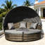 Lit de jour rond convertible 4 pièces pour extérieur, avec auvent rétractable, gris, coussins épais et rembourrés, pieds réglables pour terrain inégal, coussins épais et coussins décoratifs inclus, assemblage requis
