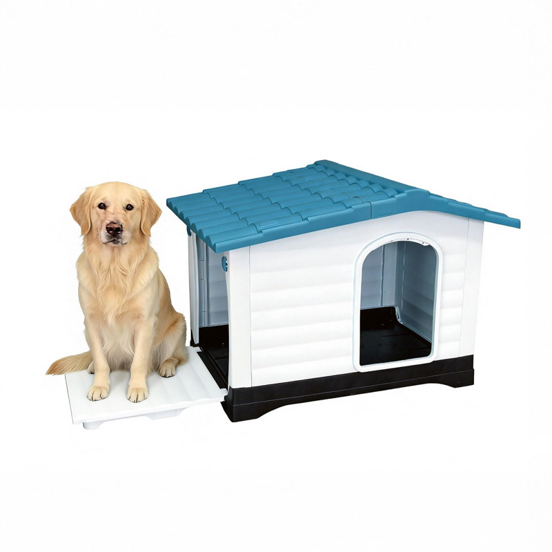 Niche pour chien en plastique à 2 portes avec porche pliable - Base surélevée résistante aux intempéries, aérée, facile à assembler, abri pour animaux intérieur / extérieur