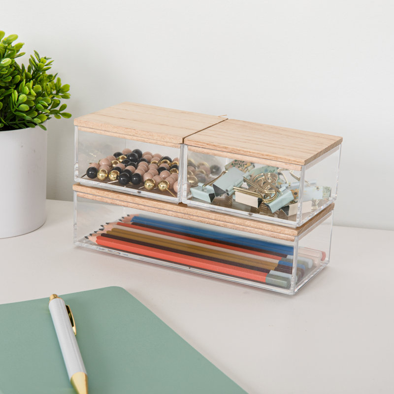 Thomas Martha Stewart Clear Plastic Storage Organizer Bin Set with Wooden Lids, Light Natural