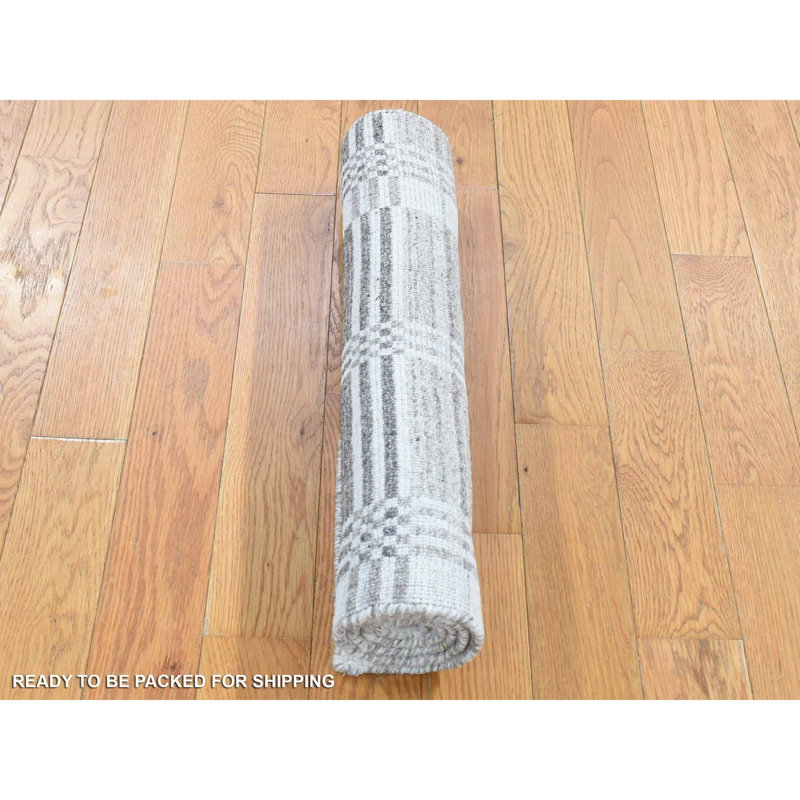 2'x3' Ivory-Gray Hand Loomed Modern Plaid Design 100% Wool Mat Rug A33E40EA316F4D8E9FE2FDA8C2587B95