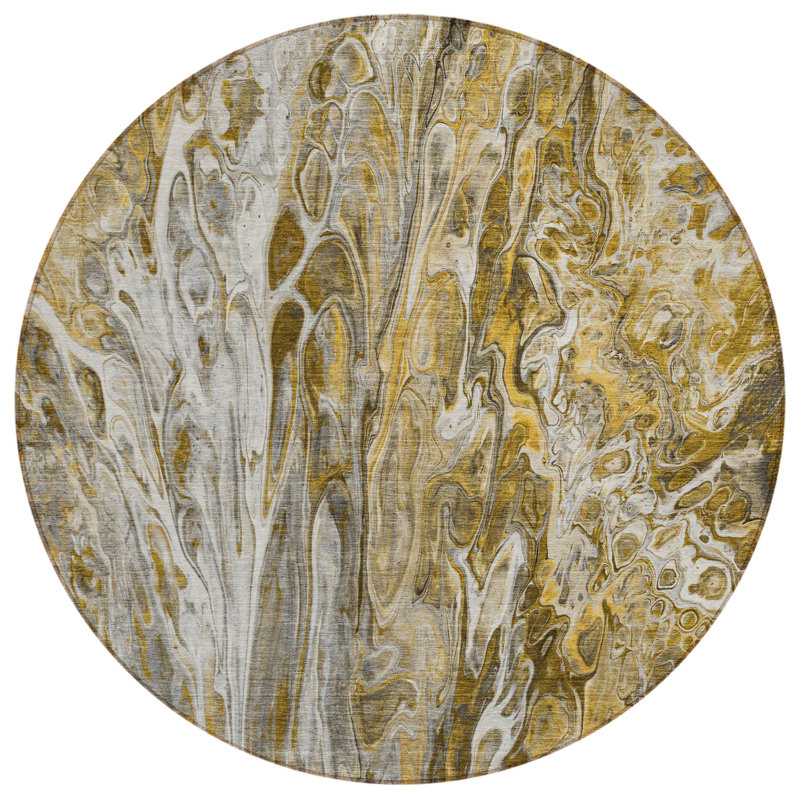 Tapis intérieur rond lavable abstrait taupe et doré 8 pi