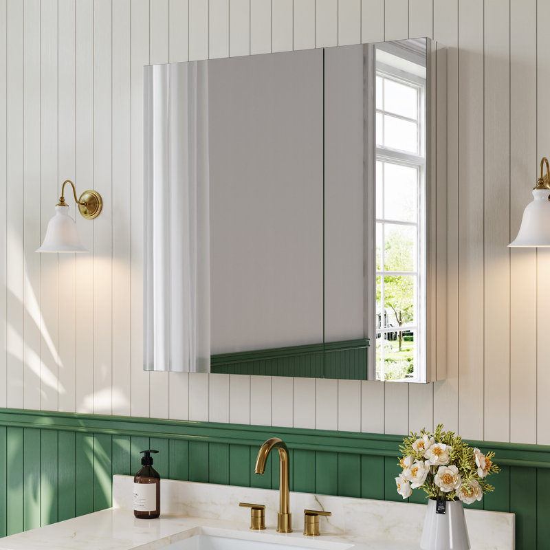 Miroir de pharmacie encastré ou mural sans cadre avec tablettes en verre réglables, H 30 po x l 30 po x P 4,82 po