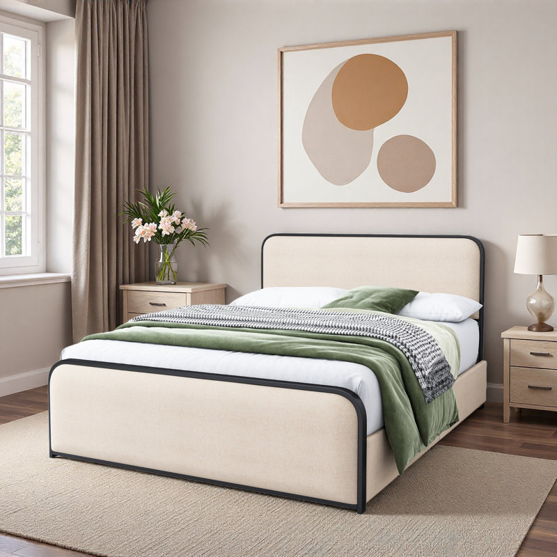 Lit moderne en métal avec tête de lit tapissier courbée et rangement sous le lit, Beige/noir, Très grand lit