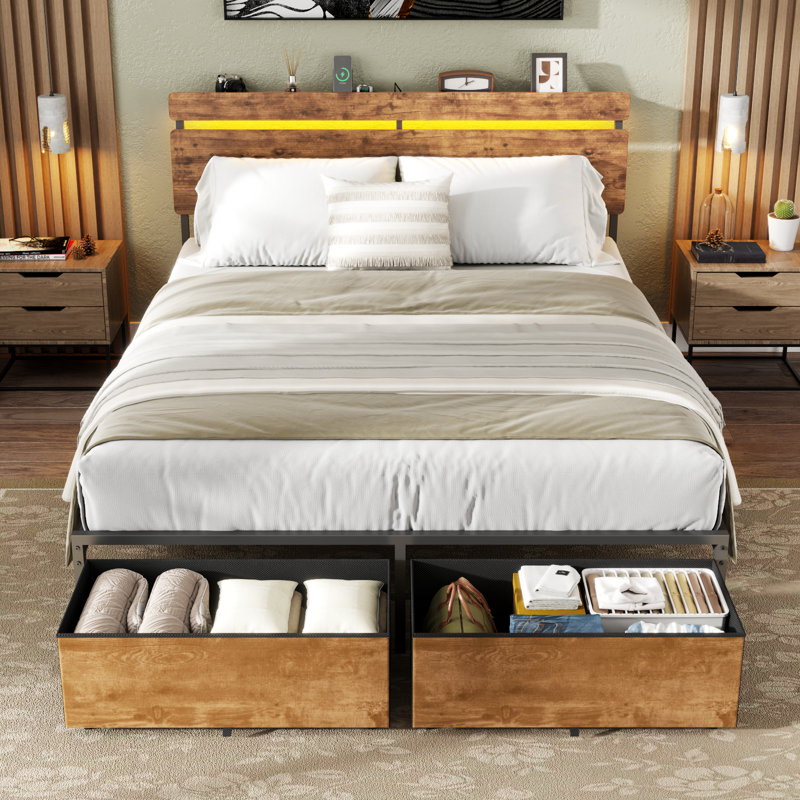 Queen Bed with 2 Drawers and Open Storage Headboard, Adjustable LED Light and Charging Station, No Box Spring Needed, Queen
