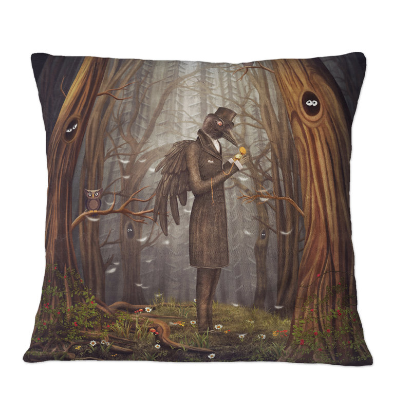 Raven Man In Forest - Coussin décoratif imprimé fantaisie, 16 po x 16 po