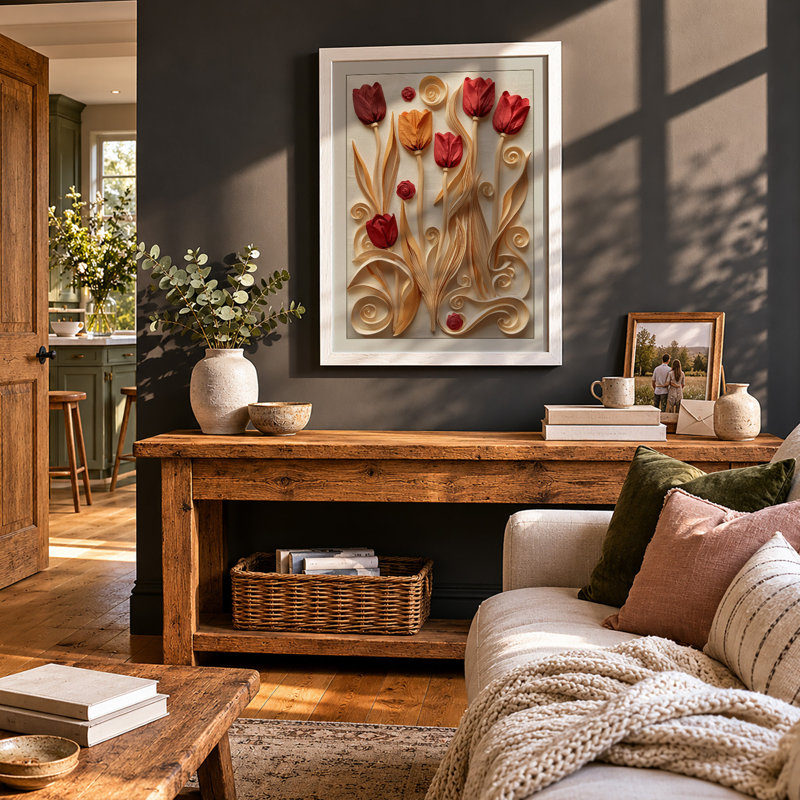 Tulip Garden Arrangement Botanical - Framed Print, A2 - 59.4 x 42.0 cm, White