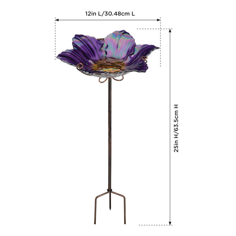 Purple Glass Flower Birdbath Feeder with Metal Stake