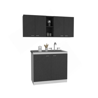 2 Piece Kitchen Set, 150 Wall Cabinet + Utility Sink With Cabinet, Black / White