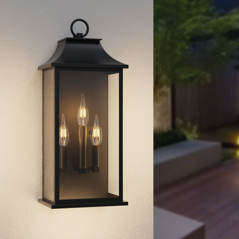 Wilcher 3-Light Dusk-to-Dawn Outdoor Wall Lantern, 25" H x 10" W x 8" D, Matte Black
