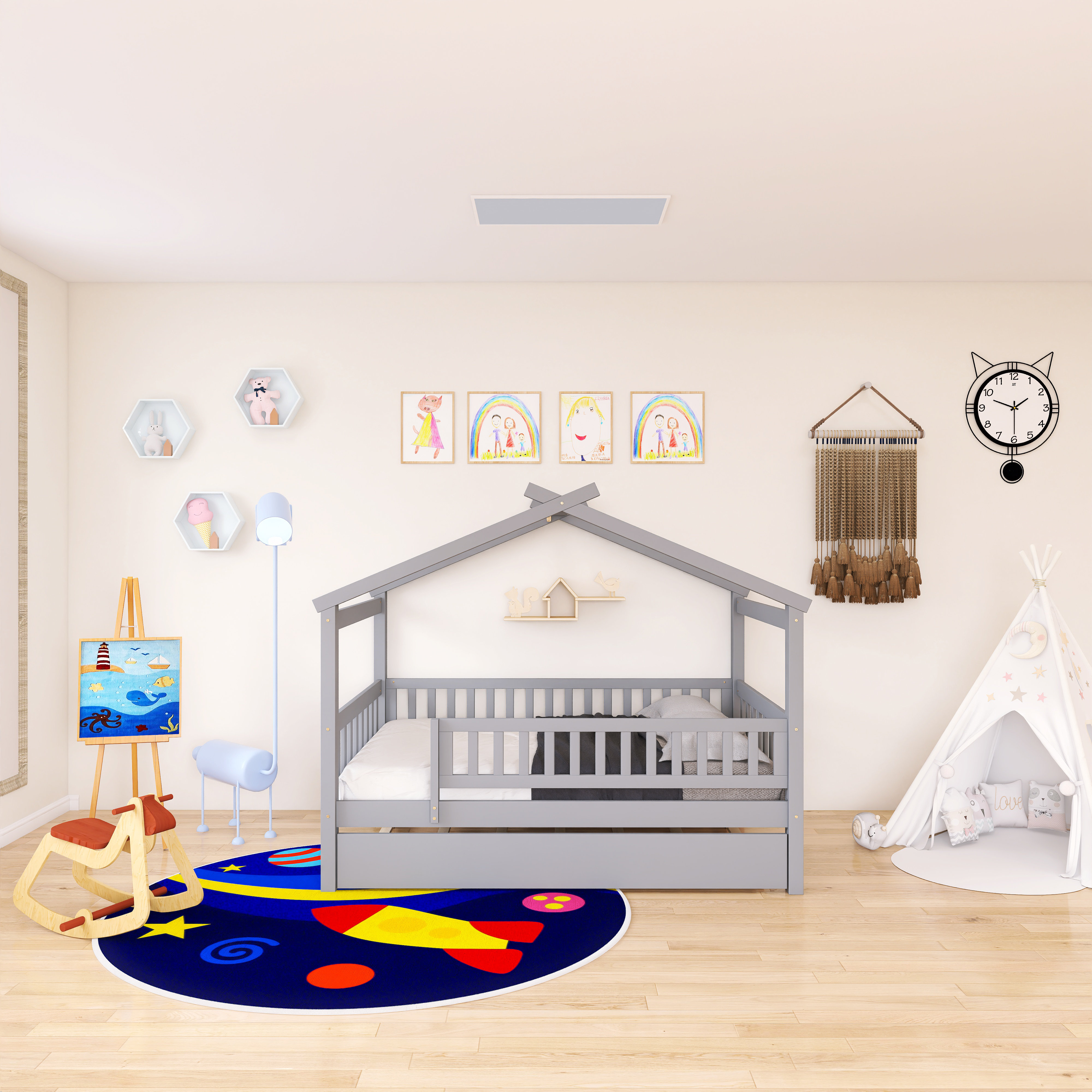 Ebern Designs Wood Frame Full Size House Bed With Twin Size Trundle ...