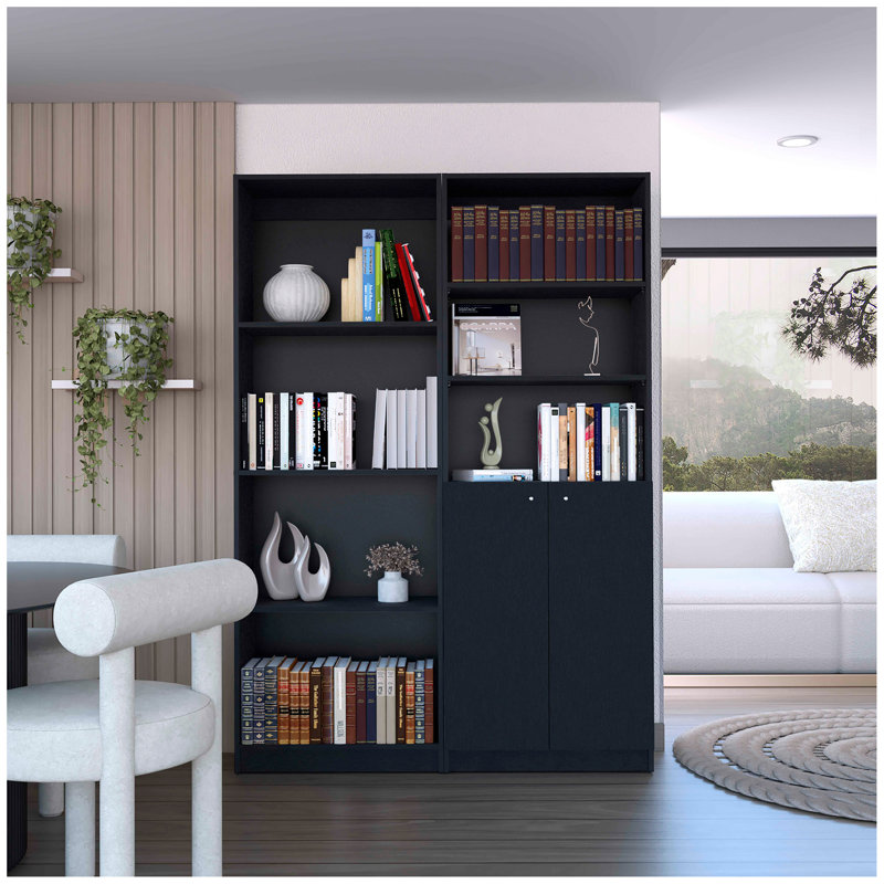 Ensemble de bibliothèque 2 pièces Dupree, 49 po de largeur avec 9 tablettes, noir salon, Noir