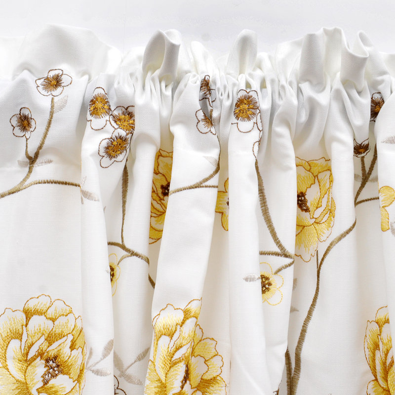 Gold Floral Embroidered Scalloped Window Valance with Rod Pocket